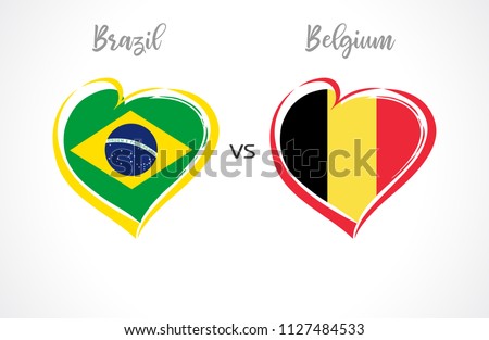 Brazil vs Belgium flags, national team soccer on white background. Brazilian and Belgian national flag in a heart, button vector. Football world championship quarter-final of the competition 2018