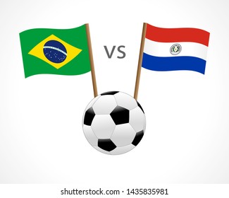 Brazil vs Paraguay, national team flags on white background. Uruguayan and Peruvian flag and soccer ball, logo vector. Football Championship of South America 2019