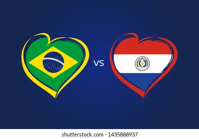 Brazil Vs Paraguay, National Team Soccer Flags On Blue Background. Brazilian And Paraguayan Flag In Heart, Logo Vector. Football World Championship