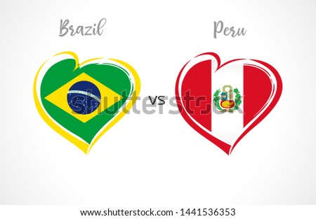 Brazil vs Peru, national team flags on white background. Brazilian and Peruvian flag in heart shape, logo vector. Football championship cup of South America 2019