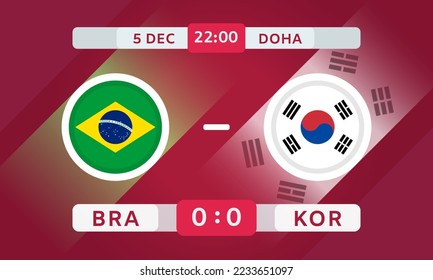 Elemento de diseño de partido Brasil vs Corea del Sur. Marca iconos con transparencia aislados en el fondo rojo. Infografía De La Competencia Del Campeonato De Fútbol. Anuncio, plantilla de puntuación de juego. Vector