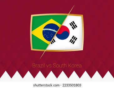 Brazil vs South Korea, round of 16 icon of football competition on burgundy background. Vector icon.