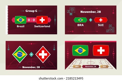 Brasil vs Suiza, Fútbol 2022, Grupo G. Partido del Campeonato Mundial de Fútbol contra equipos de fondo deportivo, póster final de la competición de campeonato, ilustración vectorial.