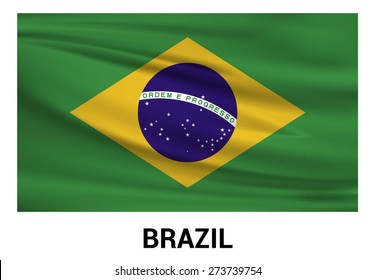 Brazil Waving flag isolated vector in official colors and Proportion Correctly. waving wind Flag realistic fabric effect. country's name label in bottom