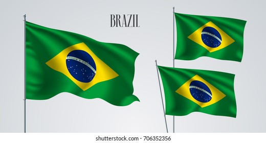 Brazil waving flag set of vector illustration. Green blue yellow colors of Brazil wavy realistic flag as a patriotic symbol