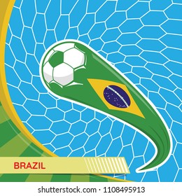 Brazil waving flag and soccer ball in goal net. football tournament vector illustration.