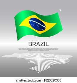 Brazil wavy flag and mosaic map on light background. Creative background for the national Brazilian poster. Vector tricolor design. Business booklet. State brazilian patriotic banner, flyer