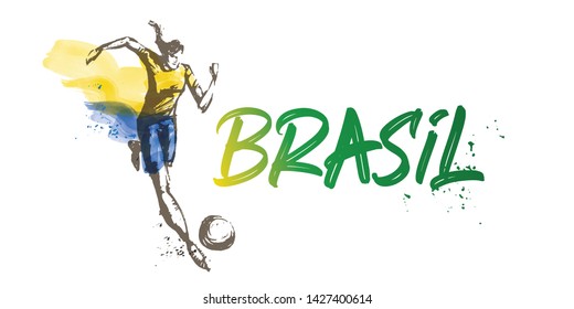 Brazil Women's Soccer National Team Vector Design. Female Player Running. Typographic Layout. Lettering Sport Logo.