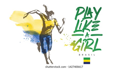 Brazil Women's Soccer National Team Vector Design. Female Player Running. Typographic Layout. Lettering Sport Logo.