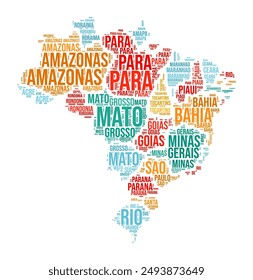 Brazil Word Cloud. Country shape with state division. Brazil typography style image. State names tag clouds. Vector illustration.