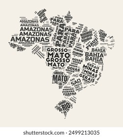 Brazil Word Cloud. Country with states division. Brazil typographic text clouds vector image design. Vintage gazette style country shape image. Beautiful vector illustration.