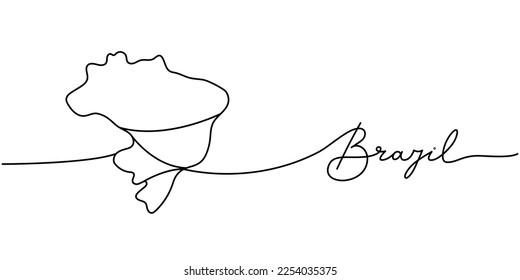 Brazil - word with country silhouette one line. Minimalist drawing of phrase illustration. Brazil country silhouette continuous one line illustration.