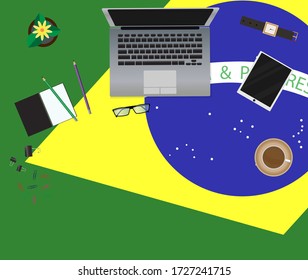 Brazil work from home top view. Stay at home with self quarantine to help stop outbreak and protect Covid-19 spread.