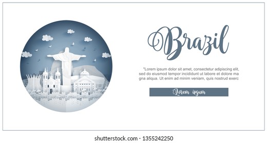 Brazil, world famous landmark with white frame and label. Travel postcard and poster, brochure, advertising Vector illustration.