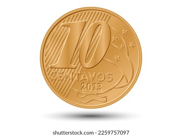 Brazilian "10 centavos de Real" coin, reverse on white background.