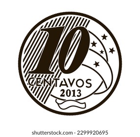 Brazilian "10 centavos de Real" coin, reverse on white background.	Black and white.
