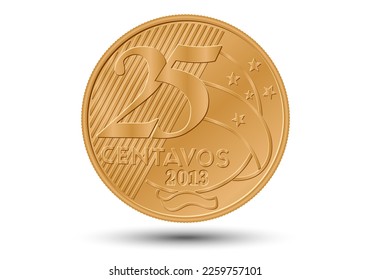 Brazilian "25 centavos de Real" coin, reverse on white background.