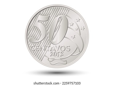 Brazilian "50 centavos de Real" coin, reverse on white background.