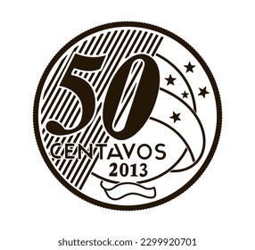 Brazilian "50 centavos de Real" coin, reverse on white background.	Black and white.