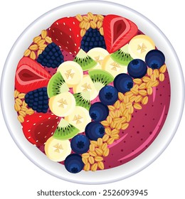 Brazilian Acai Bowl with Oats, Blueberry, Banana Slices, Kiwi, Raspberry and Strawberry Toppings  