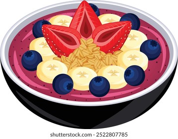 Brazilian Acai Smoothie Bowl with Strawberry, Banana Slices, Blueberry and Oats Toppings. 