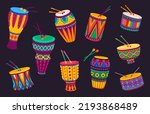 Brazilian and african drums, cartoon music instruments with traditional ornament. Vector Africa or Brazil ethnic or Latin folk percussion drums with drumsticks, carnival band djembe or cuica drums