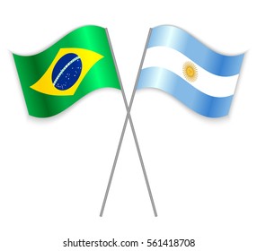 Brazilian and Argentine crossed flags. Brazil combined with Argentina isolated on white. Language learning, international business or travel concept.