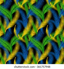 The Brazilian background from feathers in the Brazilian ethnic color. Seamless pattern. Carnival background on the black.