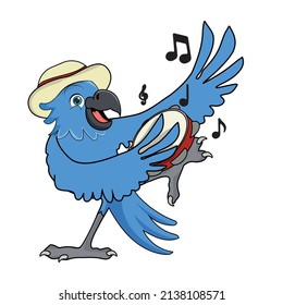 brazilian bird with tambourine dancing samba, blue macaw illustration dancing, bird from brazil.