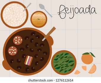 Brazilian Black Bean Stew Feijoada dish Vector. Top View Flat Illustration 