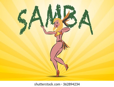 Brazilian blond woman,, dancing samba on a yellow background.