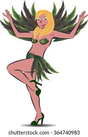 Brazilian blond woman,, dancing samba on a white background.