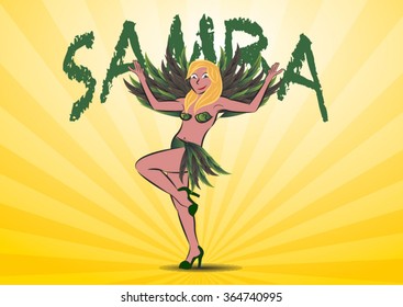 Brazilian blond woman,, dancing samba on a yellow background.