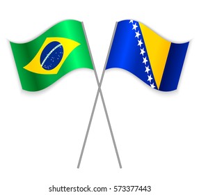 Brazilian and Bosnian crossed flags. Brazil combined with Bosnia and Herzegovina isolated on white. Language learning, international business or travel concept.