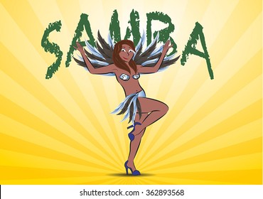 Brazilian brunette woman,, dancing samba on a yellow background.