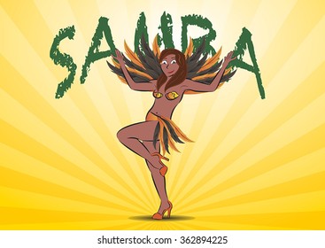 Brazilian brunette woman,, dancing samba on a yellow background.
