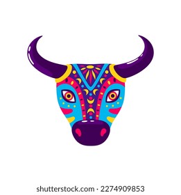 Brazilian bull mask, carnival de Barranquilla, Colombia carnival holiday object. Vector cartoon cow head with tribal prints, latin america souvenir