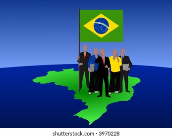 brazilian business team standing on map with flag