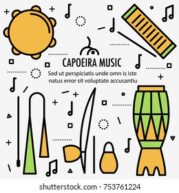 Brazilian Capoeira Music Instruments in color. Ethnic musical instruments for capoeira. Pandeiro and agogo, reco-reco and berimbau, also atadaque. Vector Illustration.