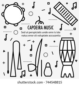 Brazilian Capoeira Music Instruments. Ethnic musical instruments for capoeira. Pandeiro and agogo, reco-reco and berimbau, also atadaque. Vector Illustration.