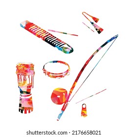 Brazilian capoeira musical instruments collection, colorful ethnic musical instruments isolated. Berimbau, atabaque drum, pandeiro, reco-reco and agogo bells vector illustration