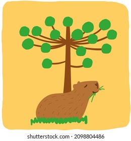 Brazilian capybara with araucaria tree hand drawing vector