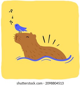 Brazilian Capybara With Singing Bird Hand Drawing Vector