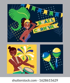 brazilian cards with samba dancers and maracas. vector illustration