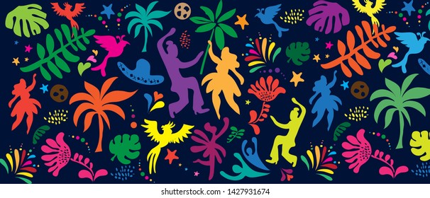 Brazilian Carnival 2020 Samba Festival Abstract Summer Holiday Beach Party festival carnival banner with birds, palm tree leaves, dancer women people flowers tropical icon pattern vector illustration
