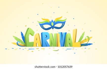 Brazilian carnival background. Colorful 3D text carnival with decoration and confetti on bright background.