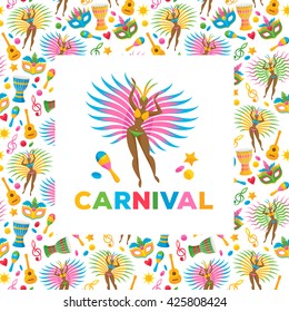 Brazilian carnival background colorful vector illustration. Brazil symbols icons pattern. Guitar drum samba dancer carnival mask confetti texture. Good for cover invitation flyer greeting card design.