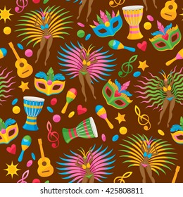 Brazilian carnival background colorful vector. Brazil symbols icons seamless pattern. Guitar drum samba dancer carnival mask confetti texture. Good for cover invitation flyer greeting card design.