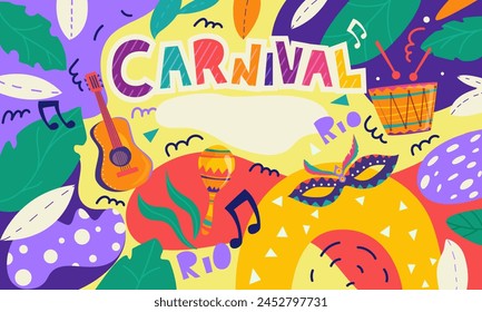 Brasilianischer Karneval Hintergrund. Partyeinladung zur Feier des traditionellen Musikfestivals in Latin America. Bunter Banner mit Maracas, Schlagzeug, Gitarre und Maske. Cartoon flache Vektorillustration