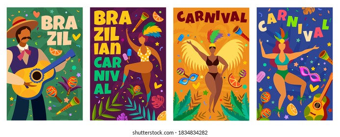 Brazilian carnival. Banner with masquerade latino elements dance parade, dancers and musicians, confetti, masks and feathers vector posters. Brazilian parade poster event illustration